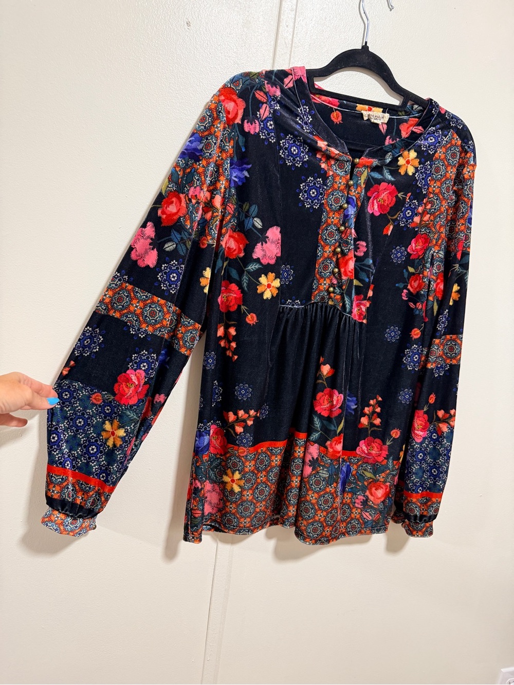 One world Boho patchwork velvet blouse balloon sleeve size L whimsigoth fairy